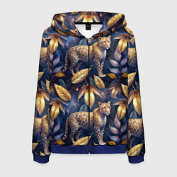 Толстовка 3D на молнии мужская Леопард с золотыми листьями паттерны, цвет: 3D-синий