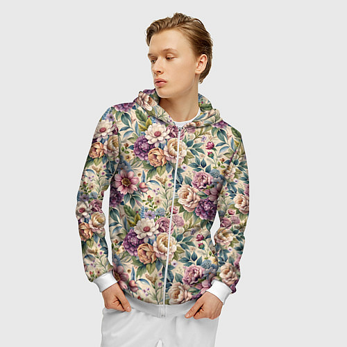 Мужская толстовка на молнии Нежные цветочные мотивы паттерны / 3D-Белый – фото 3