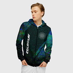 Толстовка 3D на молнии мужская Coldplay glitch blue, цвет: 3D-черный — фото 2