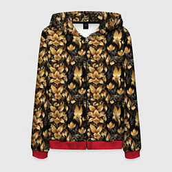 Толстовка 3D на молнии мужская Золотые листья на черном фоне, цвет: 3D-красный