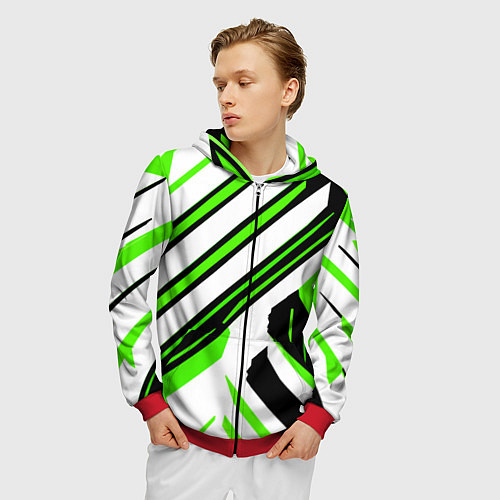 Мужская толстовка на молнии Чёрно-зелёные полосы на белом фоне / 3D-Красный – фото 3