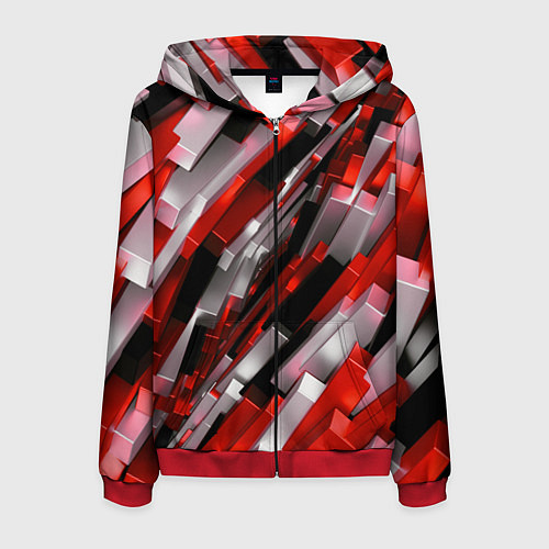 Мужская толстовка на молнии Черно-красно-белые наклонные блоки / 3D-Красный – фото 1