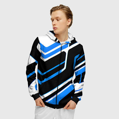 Мужская толстовка на молнии Бело-синие линии на чёрном фоне / 3D-Черный – фото 3