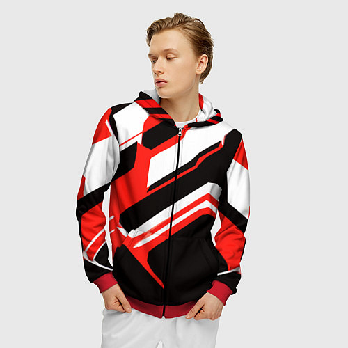 Мужская толстовка на молнии Бело-красные линии на чёрном фоне / 3D-Красный – фото 3