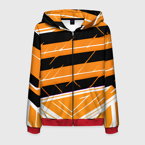 Мужская толстовка на молнии Чёрно-белые полосы на оранжевом фоне / 3D-Красный – фото 1
