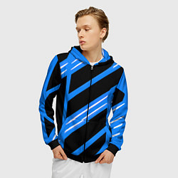 Толстовка 3D на молнии мужская Black and white stripes on a blue background, цвет: 3D-черный — фото 2