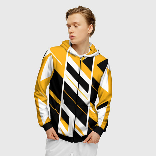 Мужская толстовка на молнии Black and yellow stripes on a white background / 3D-Черный – фото 3