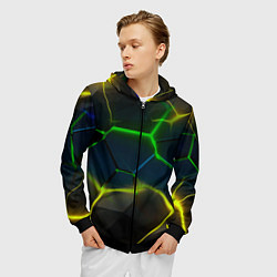 Толстовка 3D на молнии мужская Неоновые яркие зеленые плиты с желтым светом, цвет: 3D-черный — фото 2