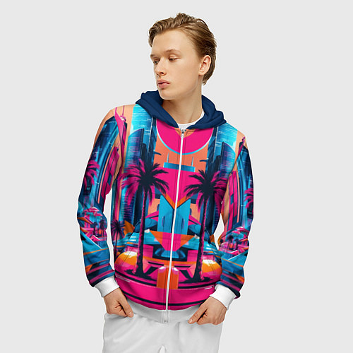 Мужская толстовка на молнии Пальмы среди небоскребов / 3D-Белый – фото 3