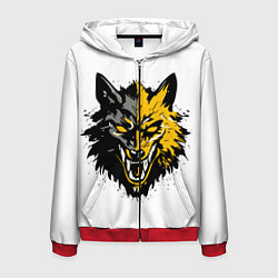Толстовка 3D на молнии мужская Злой желтый волк, цвет: 3D-красный