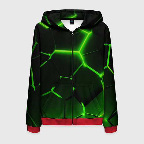 Мужская толстовка на молнии Темные зеленые неоновые плиты в разломе / 3D-Красный – фото 1