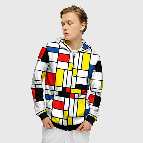 Мужская толстовка на молнии Геометрия цветных прямоугольников Пит Мондриан / 3D-Черный – фото 3