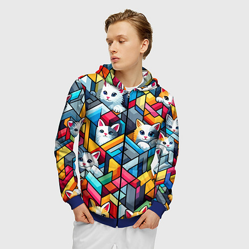 Мужская толстовка на молнии Геометрический паттерн с котятами - нейросеть / 3D-Синий – фото 3
