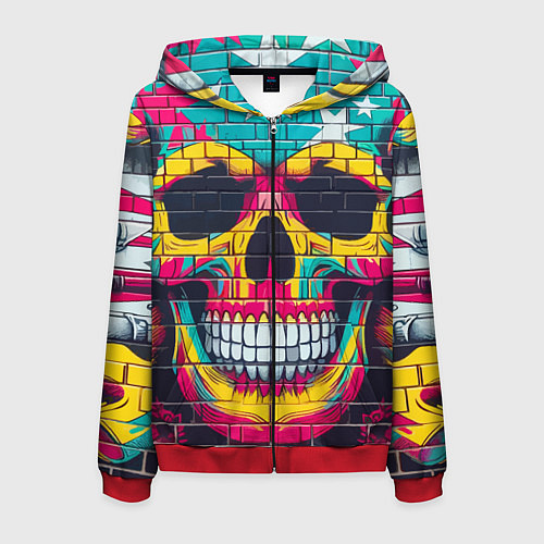 Мужская толстовка на молнии Граффити черепа - нейросеть / 3D-Красный – фото 1