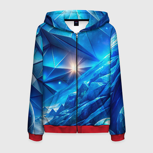 Мужская толстовка на молнии Синяя объемная абстракция со вспышкой / 3D-Красный – фото 1