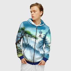 Толстовка 3D на молнии мужская Японский пейзаж - акварель живопись, цвет: 3D-синий — фото 2
