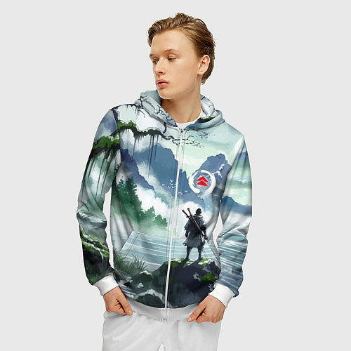 Мужская толстовка на молнии Самурай на берегу горного озера - нейросеть / 3D-Белый – фото 3