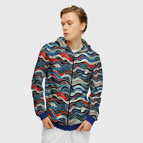Мужская толстовка на молнии Разноцветные абстрактные волны / 3D-Синий – фото 3