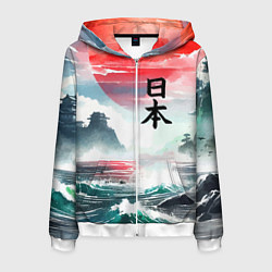 Толстовка 3D на молнии мужская Япония - страна восходящего солнца - акварель, цвет: 3D-белый