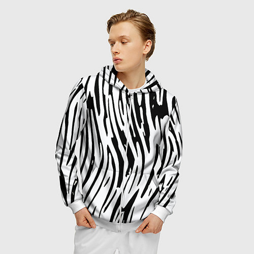 Мужская толстовка на молнии Полосатый чёрно-белый под зебру / 3D-Белый – фото 3