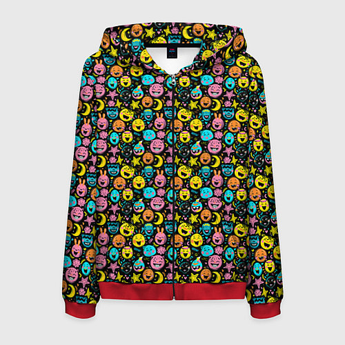 Мужская толстовка на молнии Разноцветные забавные монстрики-эмодзи паттерн / 3D-Красный – фото 1