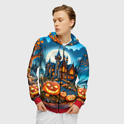 Толстовка 3D на молнии мужская Ночь Хэллоуина тыквы и замок, цвет: 3D-красный — фото 2