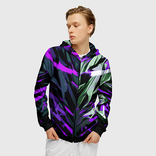 Мужская толстовка на молнии Хаотичная чёрно-фиолетово абстракция / 3D-Черный – фото 3