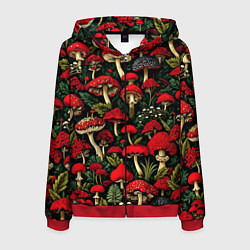 Толстовка 3D на молнии мужская Лесные красные грибы мухоморы - паттерн, цвет: 3D-красный