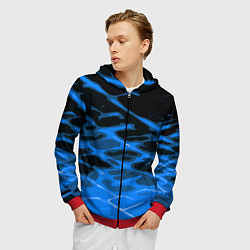 Толстовка 3D на молнии мужская Синие абстрактные полосы на чёрном фоне, цвет: 3D-красный — фото 2