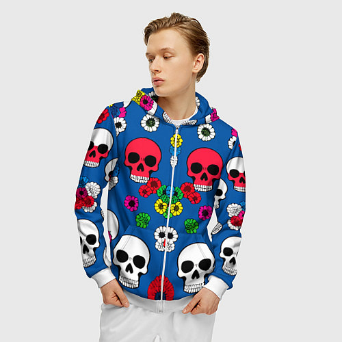 Мужская толстовка на молнии Паттерн из цветных черепков муэрто - нейроарт / 3D-Белый – фото 3