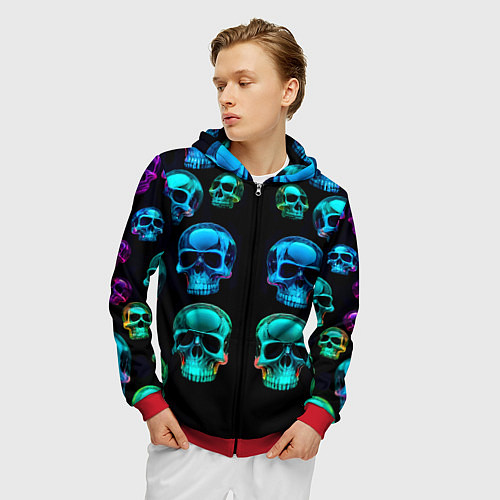 Мужская толстовка на молнии Neon skulls - ai art pattern / 3D-Красный – фото 3