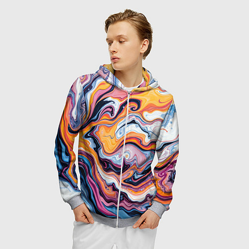 Мужская толстовка на молнии Жидкие разноцветные краски / 3D-Меланж – фото 3