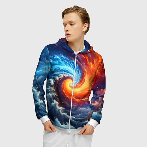 Мужская толстовка на молнии Столкновение двух стихий - инь янь / 3D-Белый – фото 3