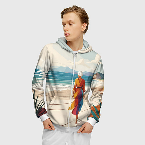 Мужская толстовка на молнии Летний пейзаж с женщиной на пляже / 3D-Белый – фото 3