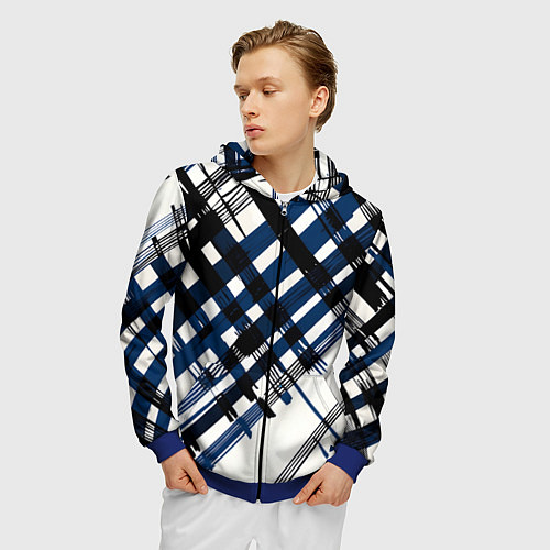 Мужская толстовка на молнии Косая клетка бело-синяя / 3D-Синий – фото 3