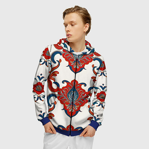 Мужская толстовка на молнии Узор красно-синий на белом фоне / 3D-Синий – фото 3