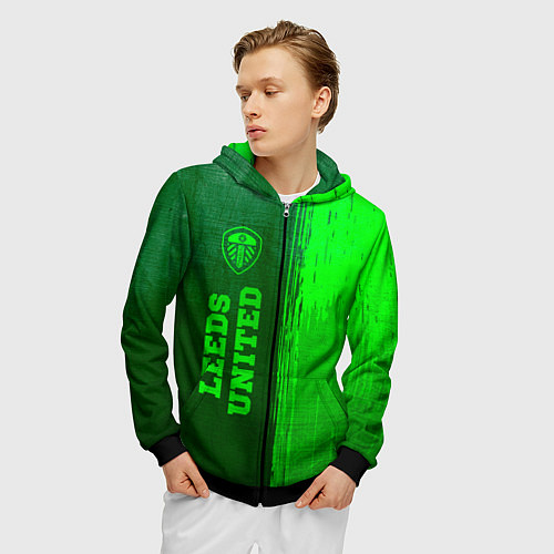 Мужская толстовка на молнии Leeds United - green gradient по-вертикали / 3D-Черный – фото 3