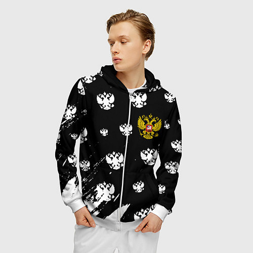 Мужская толстовка на молнии Герб РФ паттерн / 3D-Белый – фото 3