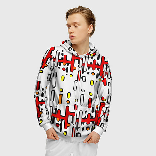 Мужская толстовка на молнии Красно-жёлтые линии и точки на белом фоне / 3D-Белый – фото 3