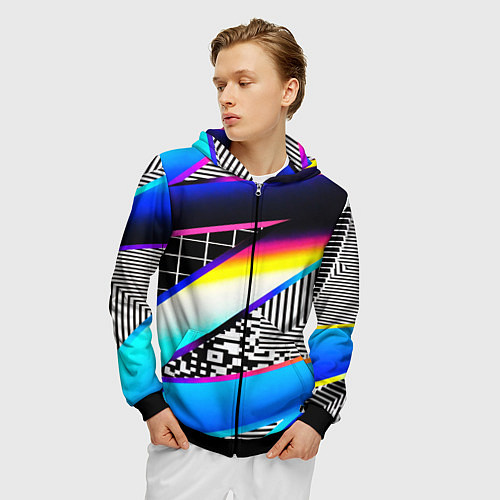 Мужская толстовка на молнии Neon stripes geometry / 3D-Черный – фото 3