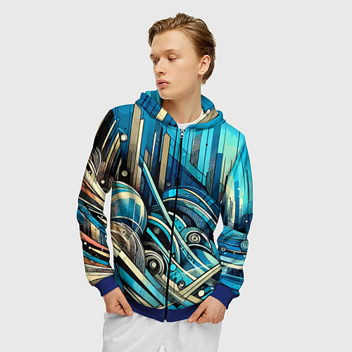 Мужская толстовка на молнии Абстрактный урбанистический пейзаж - нейроарт / 3D-Синий – фото 3