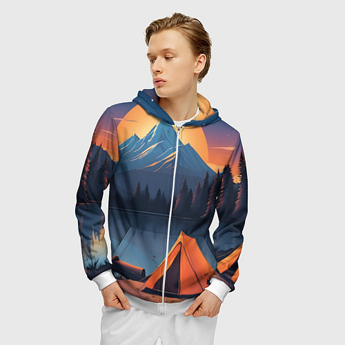 Мужская толстовка на молнии Палатка на берегу озера / 3D-Белый – фото 3