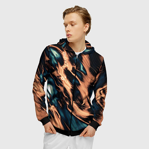 Мужская толстовка на молнии Абстракция тёмный бирюзово-медный / 3D-Черный – фото 3