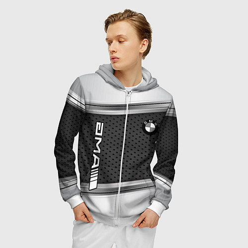 Мужская толстовка на молнии BMW car motors metal / 3D-Белый – фото 3