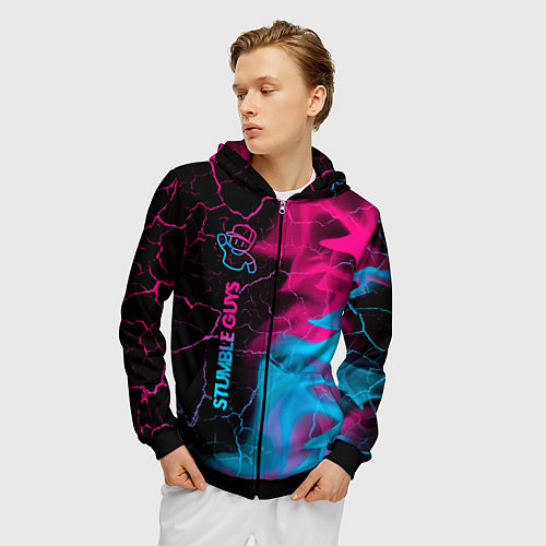 Мужская толстовка на молнии Stumble Guys - neon gradient по-вертикали / 3D-Черный – фото 3