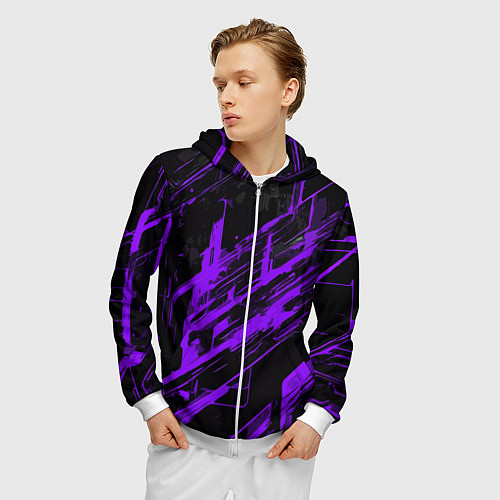 Мужская толстовка на молнии Purple stripes on a black background / 3D-Белый – фото 3