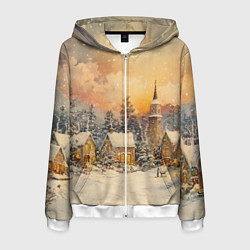 Толстовка 3D на молнии мужская Новогодний небольшой городок, цвет: 3D-белый