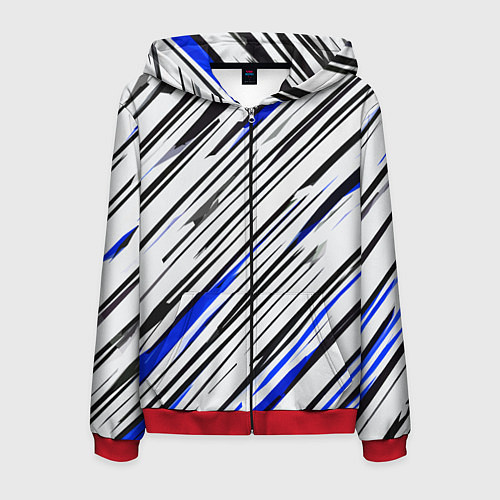 Мужская толстовка на молнии Диагональные чёрно-синие полосы на белом фоне / 3D-Красный – фото 1