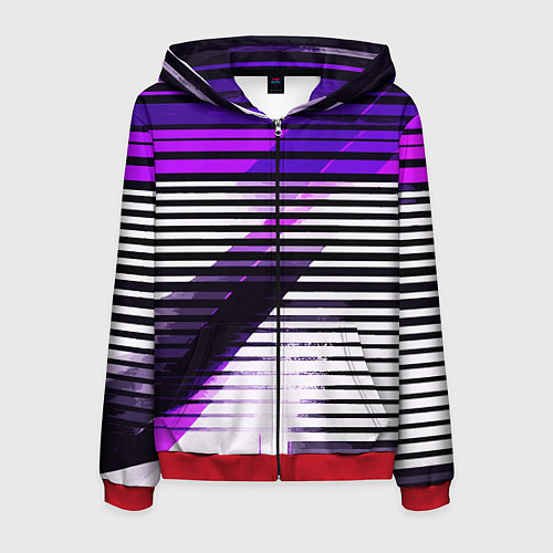 Мужская толстовка на молнии Фиолетово-чёрные полосы на белом фоне / 3D-Красный – фото 1