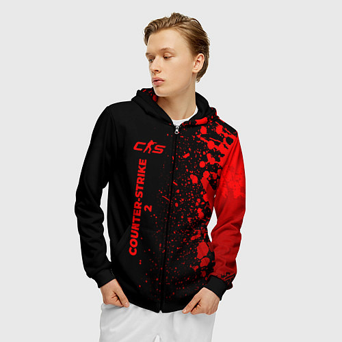 Мужская толстовка на молнии Counter-Strike 2 - red gradient по-вертикали / 3D-Черный – фото 3